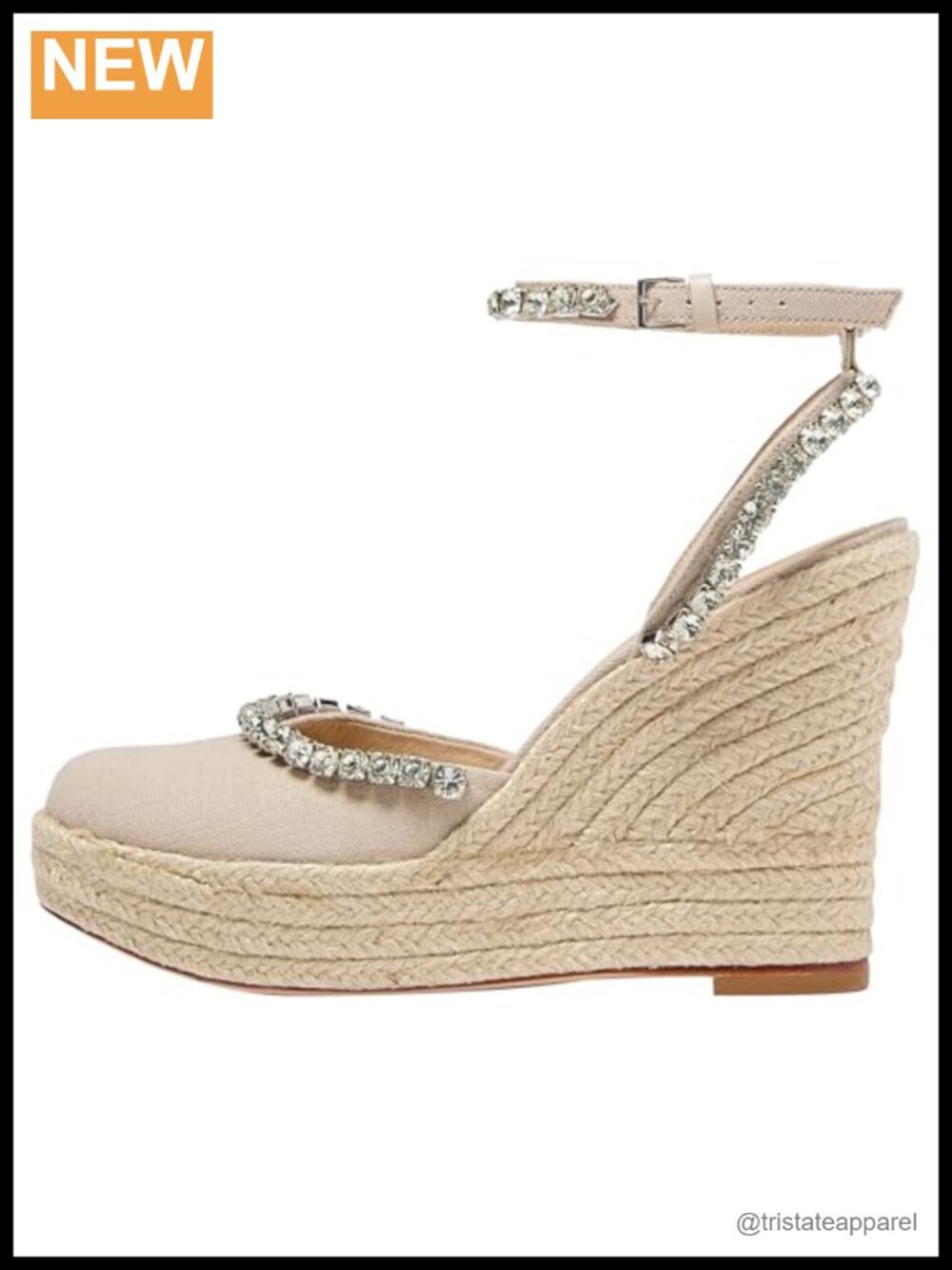 Cinq à Sept Jeanne Crystal Linen Espadrille Wedges Ankle Strap Round Toe